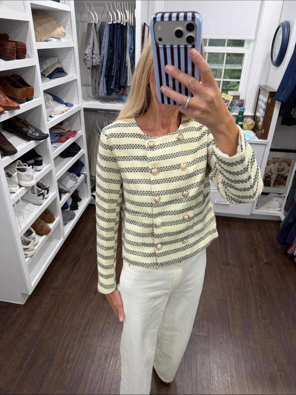Amazon Cream & Navy Striped Double-Breasted Knit Jacket - Picture 2 of 7